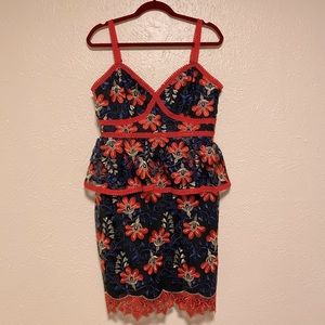 Rare Lulu’s Black, Red And Blue Metallic Lace Peplum Dress sz L